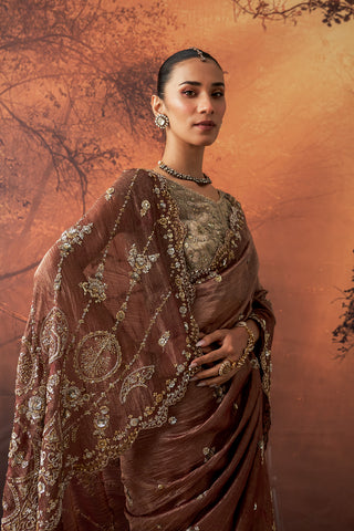 BROWN TISSUE EMB. SAREE SET (2 PCS)