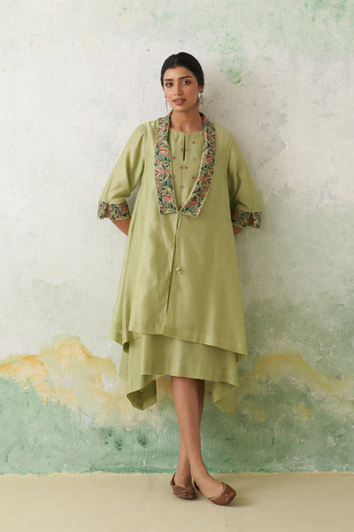 MINT GREEN CHANDERI KASHMIRI EMB. CAPE & DRESS SET (3 PCS)
