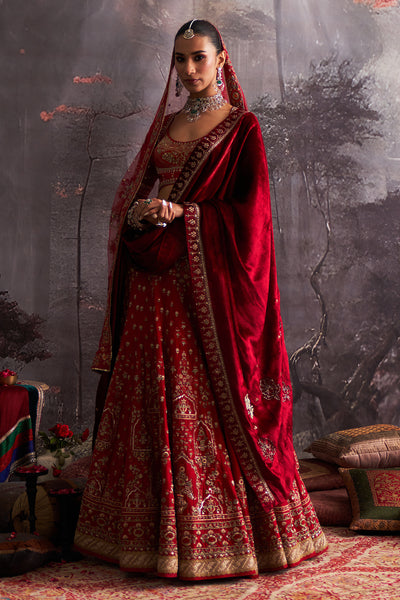 RED DUPION EMBROIDERED LEHENGA SET (4 PCS)