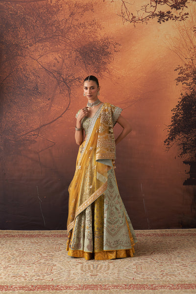 YELLOW & AQUA DUPION EMB. LEHENGA SET(KA-01B) (4 PCS)