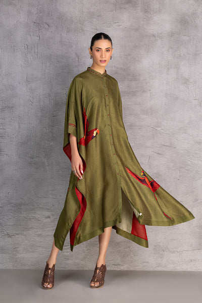 LEAF GREEN DUPION KAFTAAN (1 PC)