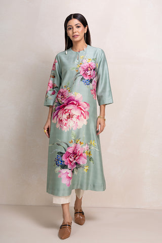 SAGE GREEN SILK CHANDERI PRINTED TUNIC (1 PC)