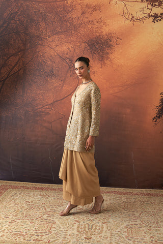 GOLD SILK TISSUE HEAVY EMB. LONG JACKET & GOLD TISSUE DRAPE SKIRT (EVO-01) (2 PCS)