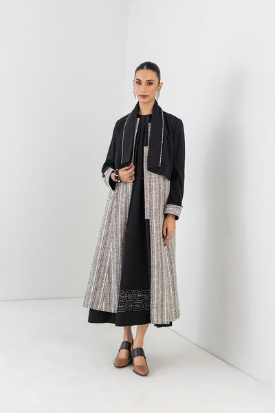 IVORY & BLACK TEXTURED WOOLEN LONG TRENCH COAT (1 PC)