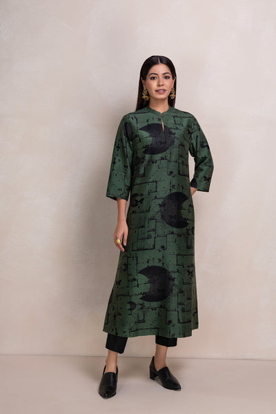MILITARY GREEN SILK CHANDERI PRINTED TUNIC (1 PC)