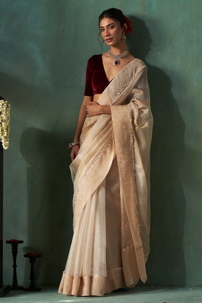 GOLD SILK TUSSAR TISSUE EMBROIDERED SAREE WITH UNSTITCHED BLOUSE (1 PC)