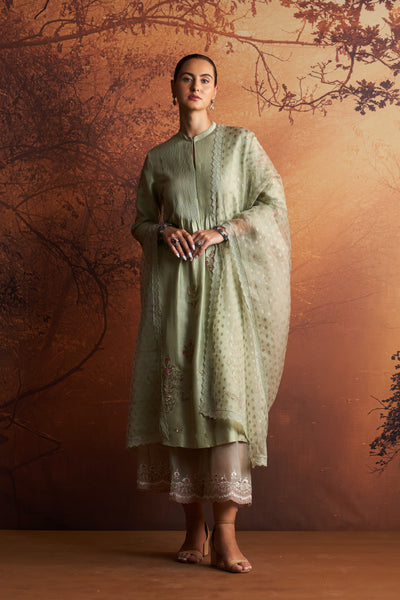 SAGE GREEN DUPION EMBROIDERED KURTA SET (YMN-14C)