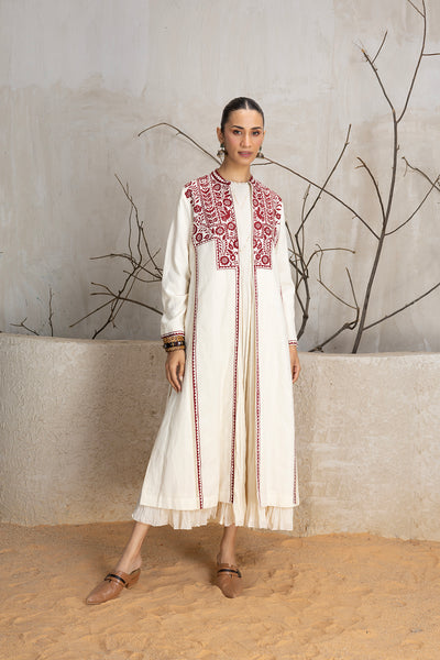 IVORY & RED LINEN EMBROIDERED JACKET (1 PC)