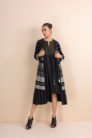 BLACK CHECK HANDWOVEN COTTON TRIPLE LAYERED LONG JACKET (1 PC)