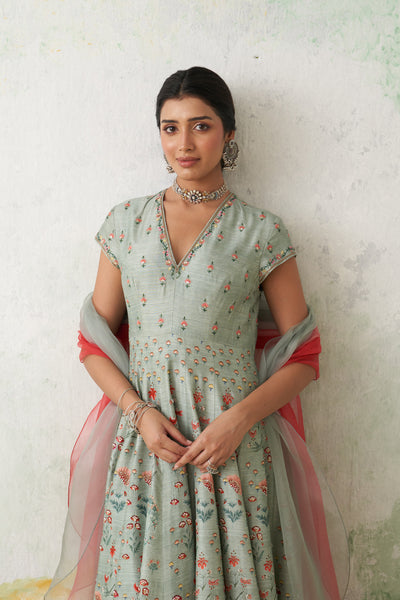 AQUA DUPION PRINTED & EMB. ANARKALI SET (2 PCS)
