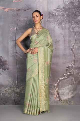 PISTA GREEN TUSSOR GEORGETTE SAREE (1 PC)