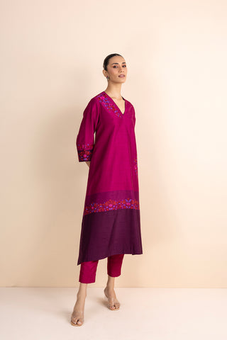 SHADES OF PINK STRIPE PRINTED & EMBROIDERED KURTA SET (2 PCS)