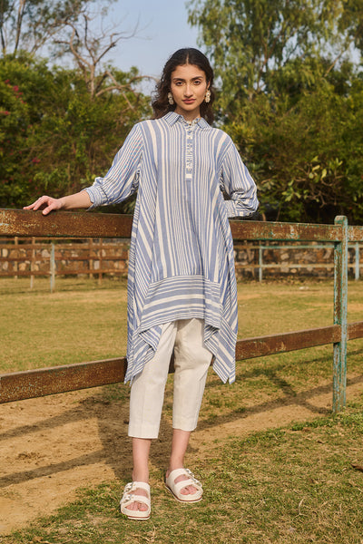 BLUE AND WHITE COTTON STRIPE ASYMMETRIC SHIRT STYLE TUNIC (CM-02/TNC)