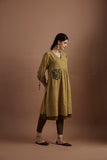 Mustard cotton silk printed dress with embroidered pocket (veg-05/tnc)