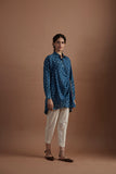 Teal blue silk mulmul printed stylized shirt (veg-11a/shirt)