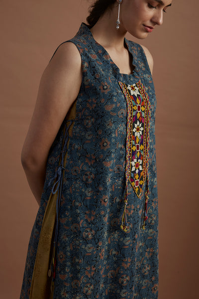 Teal & mustard printed & hand embroidered tunic (veg-13d/tnc)