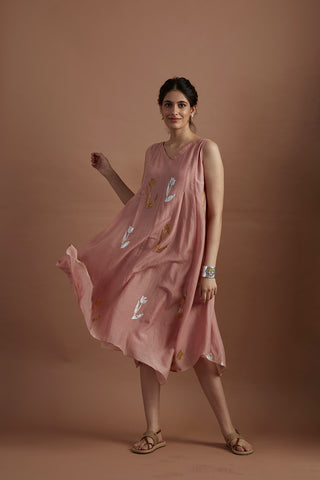 Blush silk mulmul foil printed & pleated asymmetric dress (veg-16/tnc)