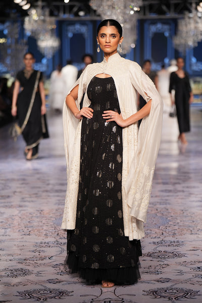 BLACK SEQUIN GEORGETTE CORSET DRESS PAIRED WITH IVORY CHIKANKARI GEORGETTE EMBROIDERED JACKET (2 PCS)