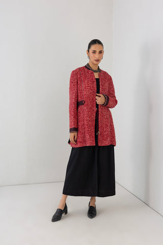 RED TEXTURED WOOLEN MID LENGTH JACKET (1 PC)