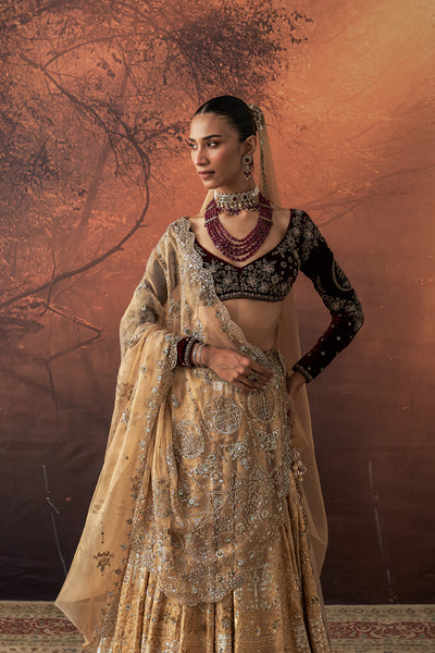 GOLD SILK TISSUE PRINTED & EMB. LEHENGA SET (EVO-07) (4 PCS)