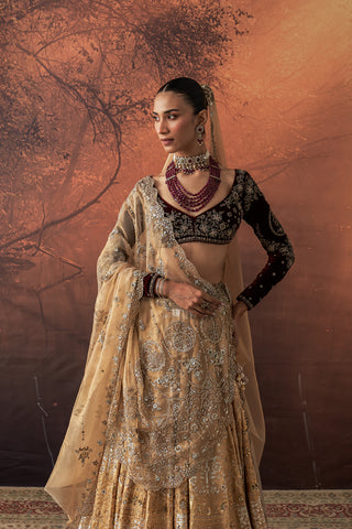 GOLD SILK TISSUE PRINTED & EMB. LEHENGA SET (EVO-07) (4 PCS)