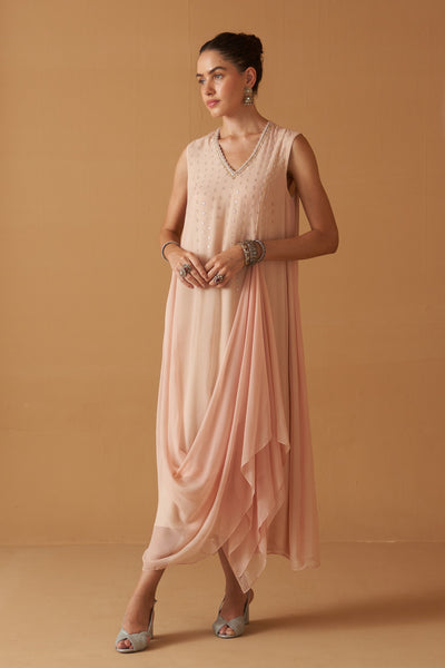 PEACH CHIFFON MOTI EMBROIDERED DRAPE DRESS ( SE-03A)