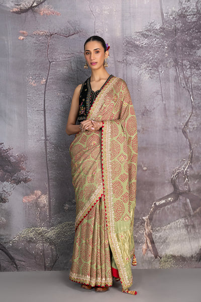 OLIVE GREEN GAJI SILK BANDHANI EMBROIDERED SAREE (1 PC)