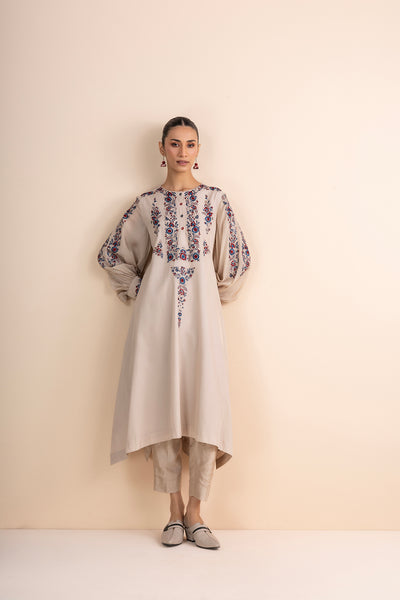 BEIGE FLAT CHIFFON MULTICOLOURED EMBROIDERED KURTA SET (2 PCS)