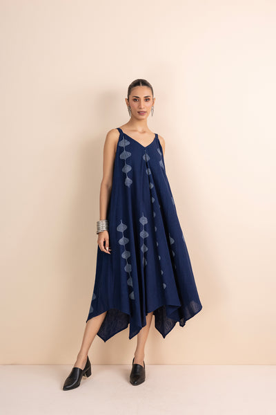 BLUE HANDWOVEN COTTON BLOCK PRINTED DRESS (1 PC)