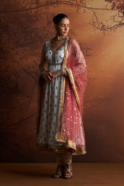 IVORY PRINTED CHANDERI ANARKALI SET (ANK-01A)