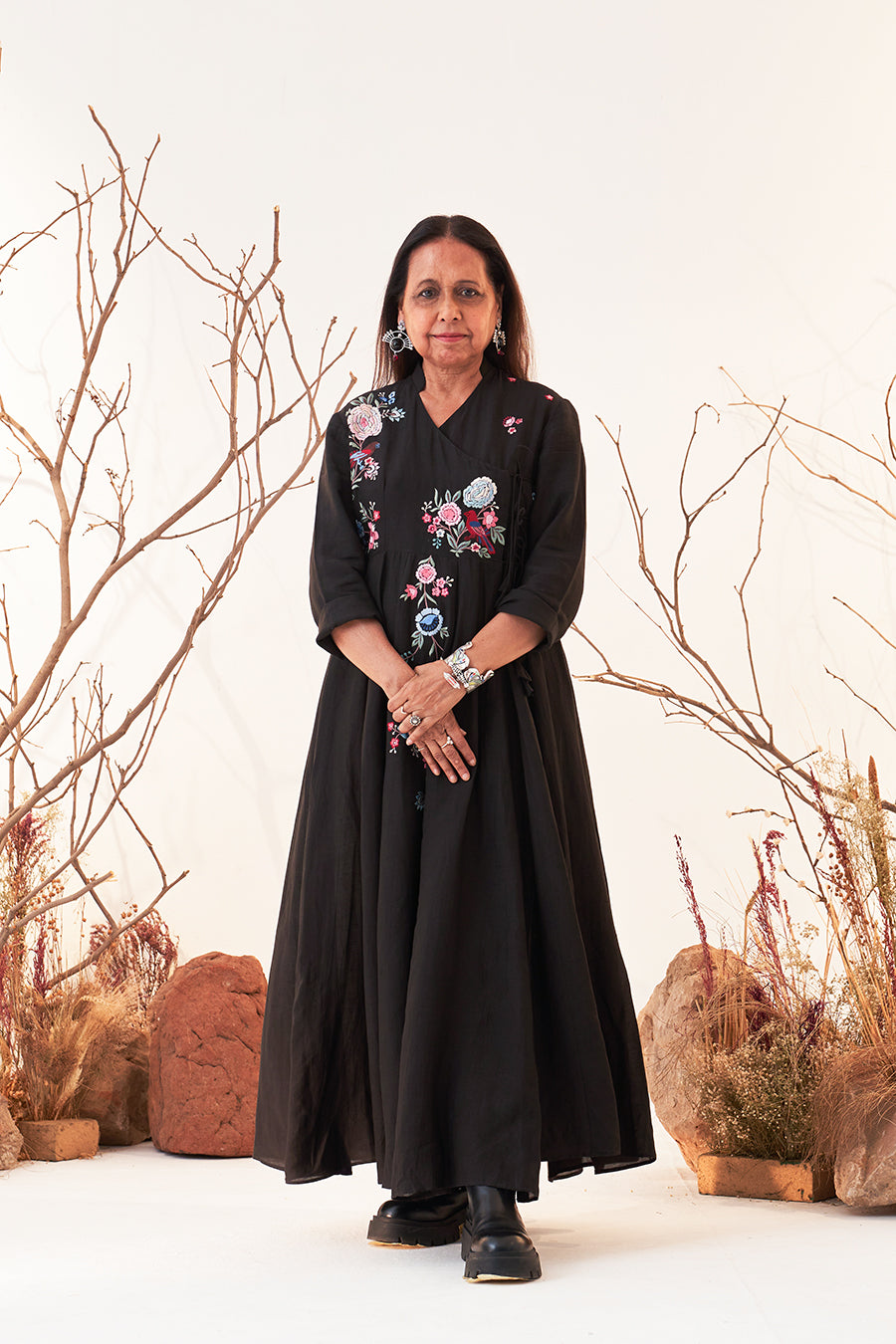 Black Linen Georgette Multicolour Emb. Anarkali Set (SH-12/ANG+BTM) Anju Modi Black Linen Georgette Multicolour Emb. Anarkali Set (SH-12/ANG+BTM) Anju Modi