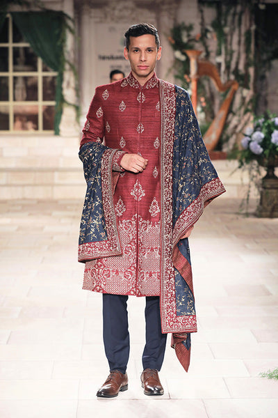 Zardozi Embroidered Ruby Matine Tussar Achakan (JPM-11/JKT)- 01 pc