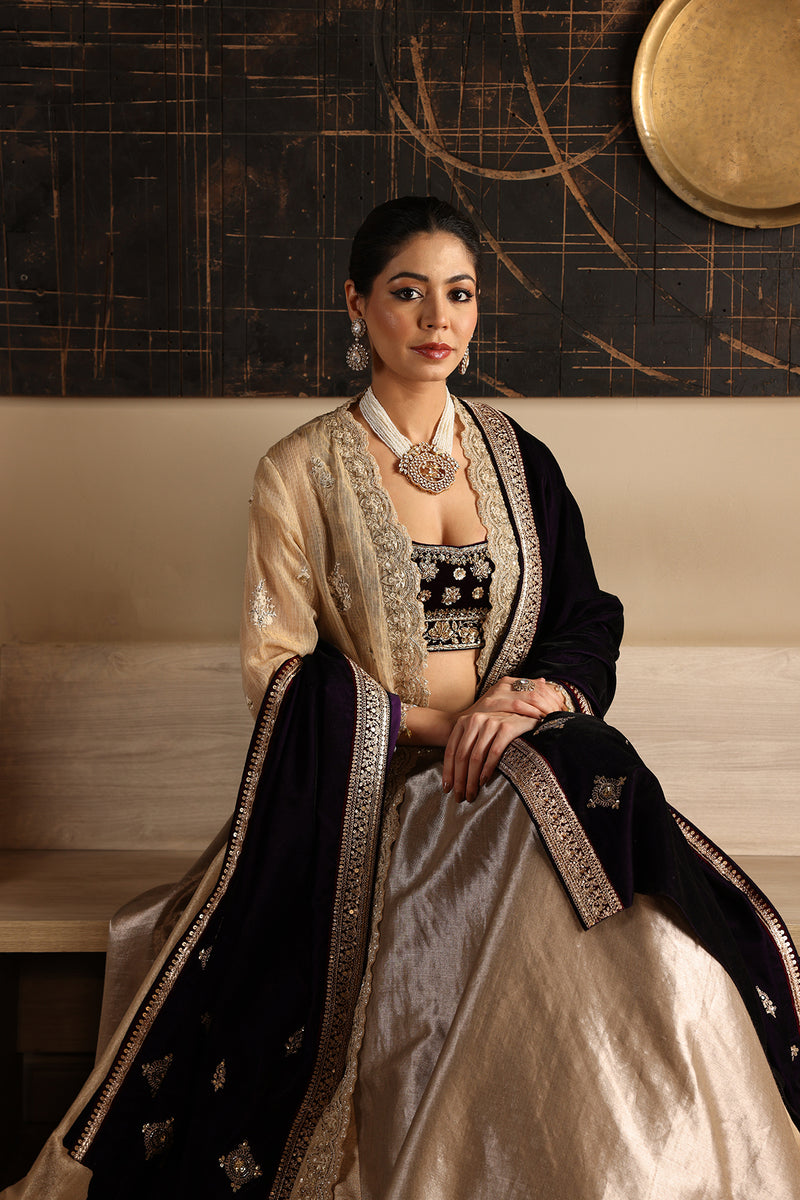 DEEP PURPLE VELVET EMBROIDERED DUSHALA (1 PC) – Anju Modi