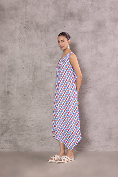 WHITE COTTON STRIPE PRINTED HANKERCHIEF DRESS