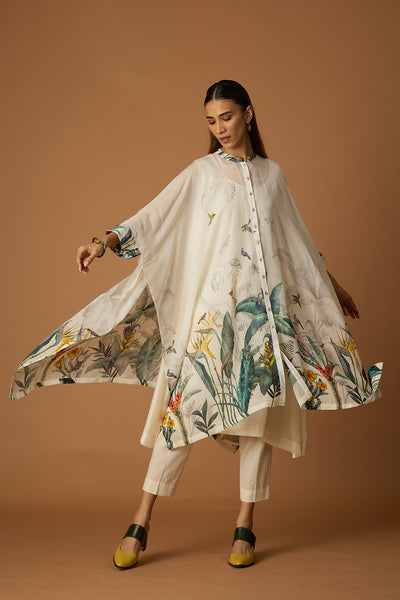 IVORY SILK ORGANZA FOREST PRINTED KAFTAN SET (SV-15) (2 PCS)