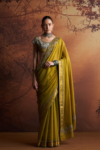 OLIVE MAHESHWARI TISSUE EMBROIDERED SAREE WITH UNSTITCHED BLOUSE & PETICOAT (SE-13)