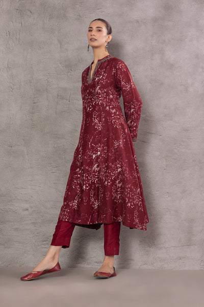 MAROON VISCOSE DUPION PRINTED EMBROIDERED TAGAAI KURTA (DC-04A/KUR)