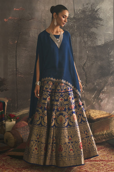 BLUE CHINON CHIFFON EMBROIDERED CAPE WITH COBALT BLUE SILK BROCADE LEHENGA (2 PCS)