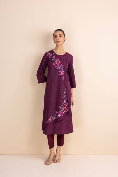 WINE STRIPE PRINTED & EMBROIDERED ANGRAKHA KURTA SET (2 PCS)