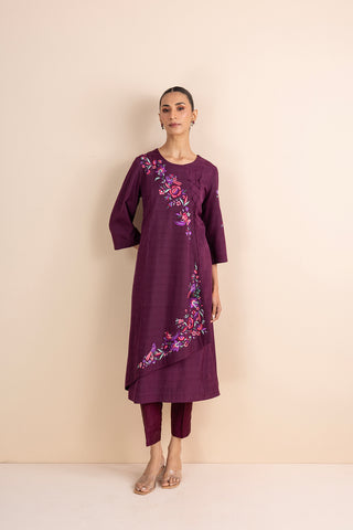 WINE STRIPE PRINTED & EMBROIDERED ANGRAKHA KURTA SET (2 PCS)