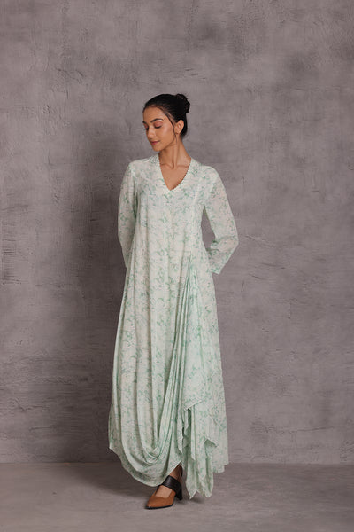AQUA COTTON MARBLE PRINTED DRAPE DRESS (1 PC)