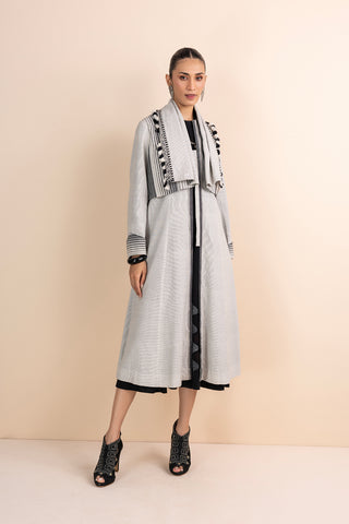 GREY HANDWOVEN COTTON LONG TRENCH COAT (1 PC)