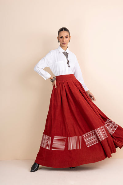 WHITE COTTON FLAX SHIRT WITH RED HANDWOVEN COTTON PLEATED & BLOCK PRINTED SKIRT (2 PCS)