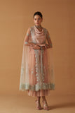 PEACH TO MINT SHADED SCALLOP EMB NET CAPE, TOP, SKIRT SET (3 PCS)