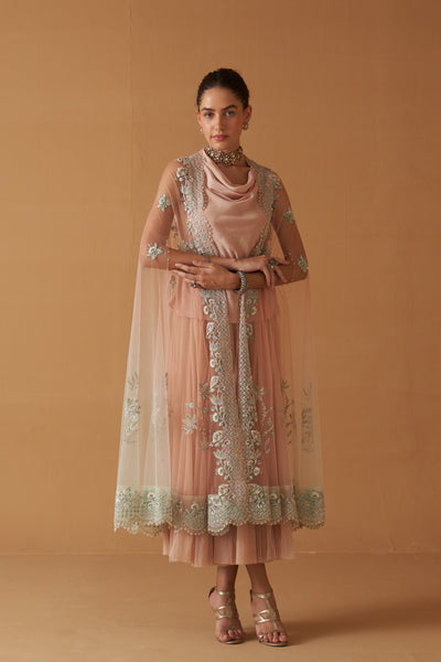 PEACH TO MINT SHADED SCALLOP EMB NET CAPE, TOP, SKIRT SET (3 PCS)