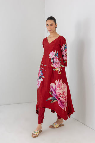 CRIMSON FLAME DUPION CHINA ROSE PRINTED DRESS (1 PC)