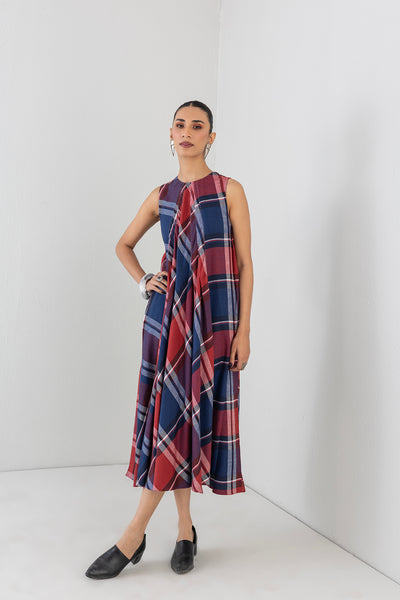 BLUE & RED BOLD CHEQUERED SOFT WOOLEN LONG DRESS (1 PC)