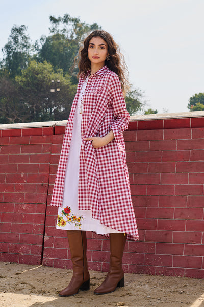 RED AND WHITE CHECK COTTON FRONT OPEN DRESS (CM-19/DRS)