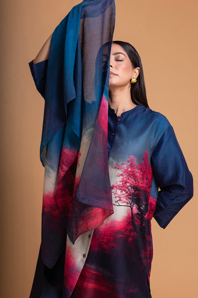 MIDNIGHT BLUE CHANDERI PRINTED STOLE (1 PC)