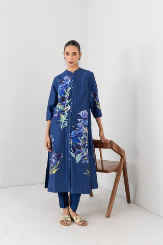 MIDNIGHT INDIGO SILK CHANDERI FLORAL PRINTED TUNIC (1 PC)